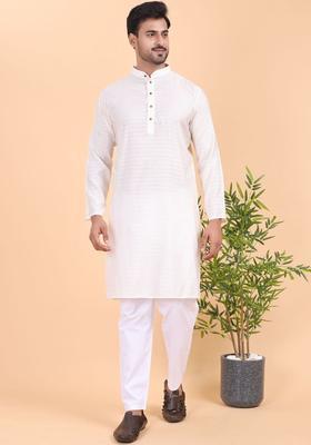 White Self Design Silk Kurta Set For Men