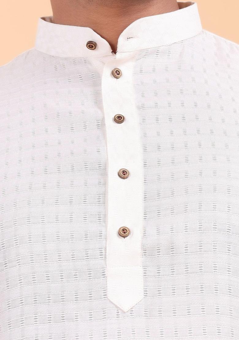 White Self Design Silk Kurta Set For Men - Indya
