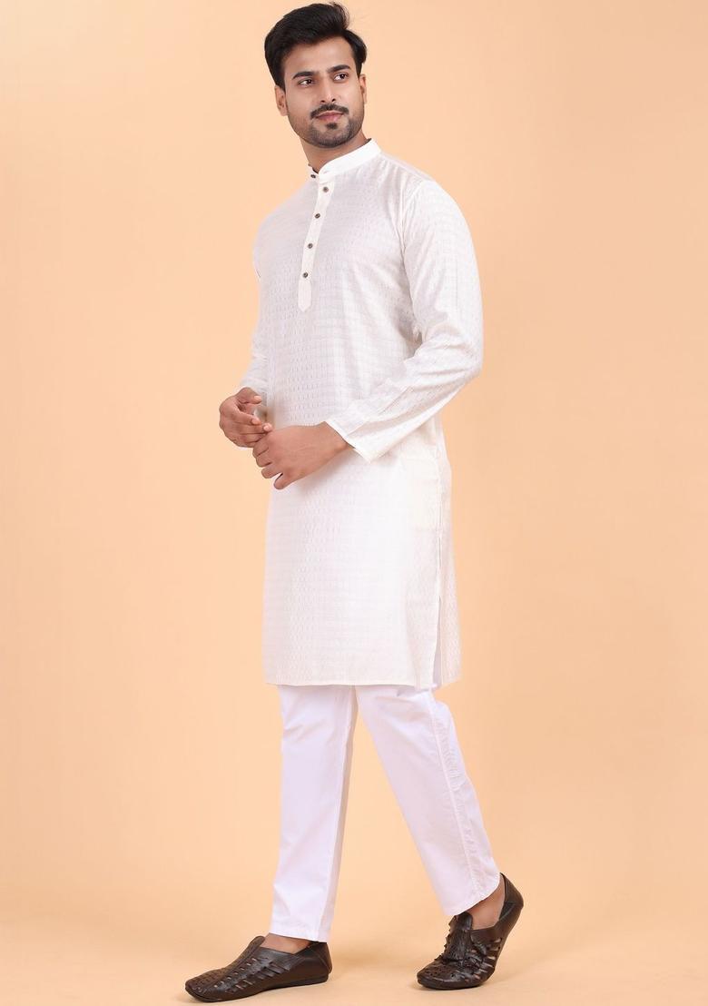 White Self Design Silk Kurta Set For Men - Indya