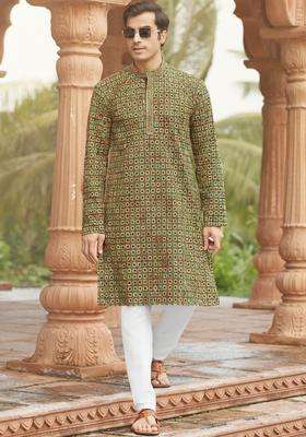 Multi Printed Silk Kurta Set For Men