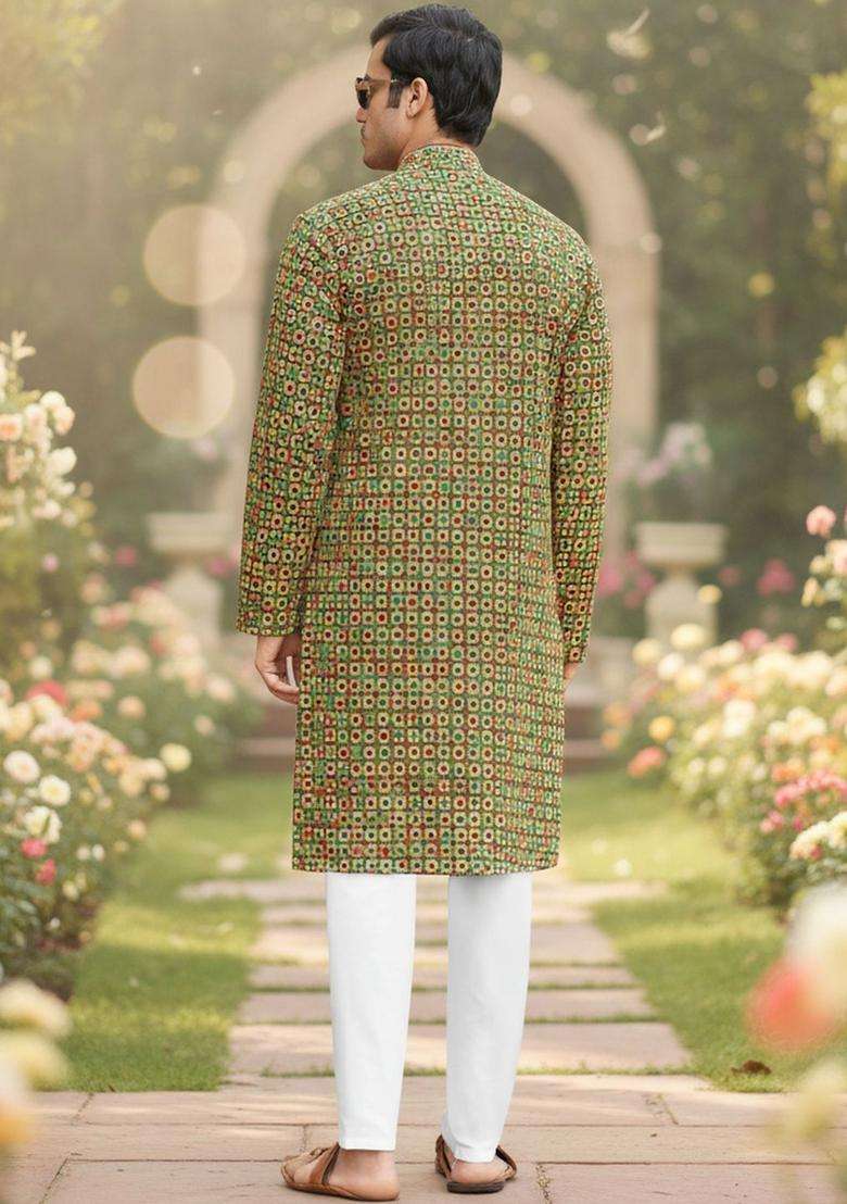 Multi Printed Silk Kurta Set For Men - Indya