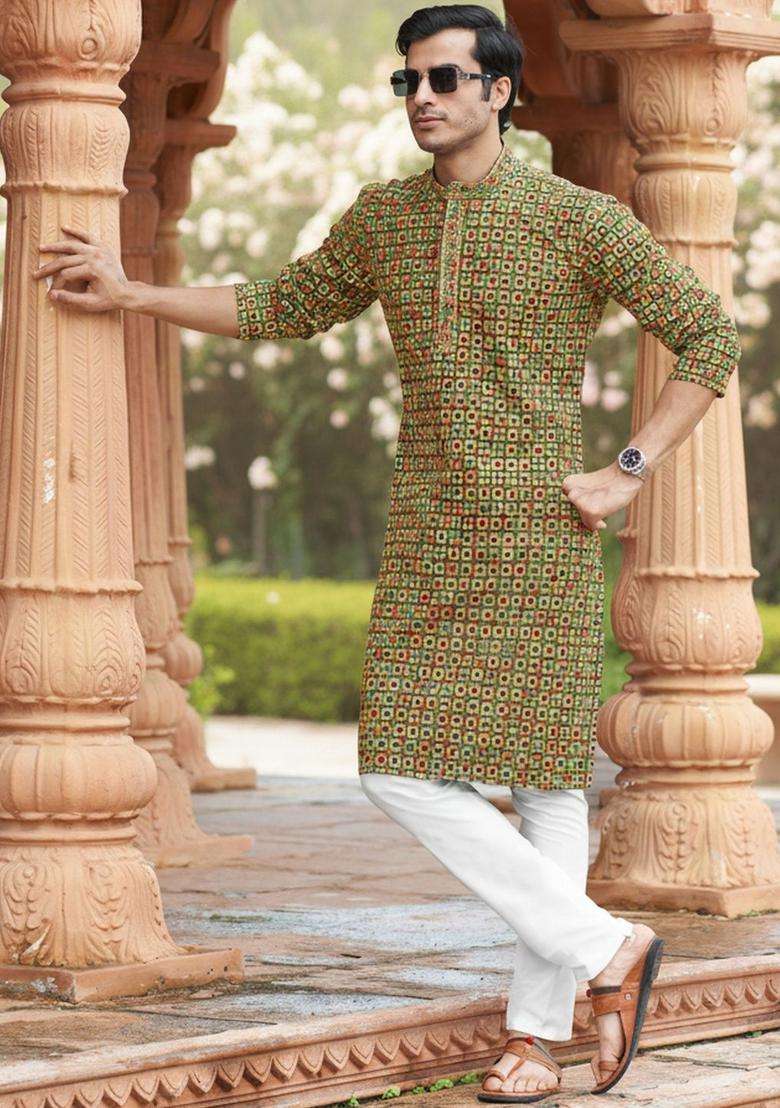 Multi Printed Silk Blend Kurta Set For Men - Indya