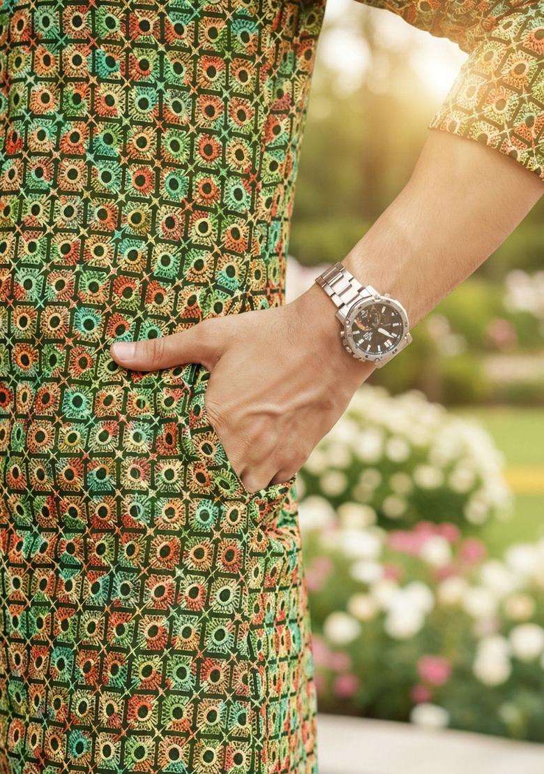 Multi Printed Silk Kurta Set For Men - Indya