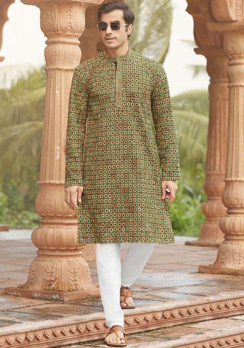 Multi Printed Silk Blend Kurta Set For Men
