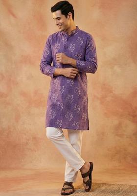 Purple Printed Cotton Kurta Set For Men