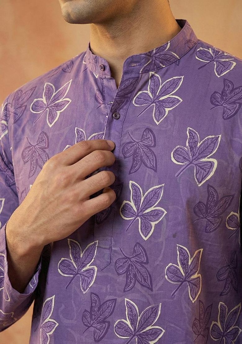 Purple Printed Cotton Kurta Set For Men - Indya