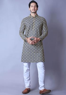 Lavender Printed Cotton Kurta Set For Men