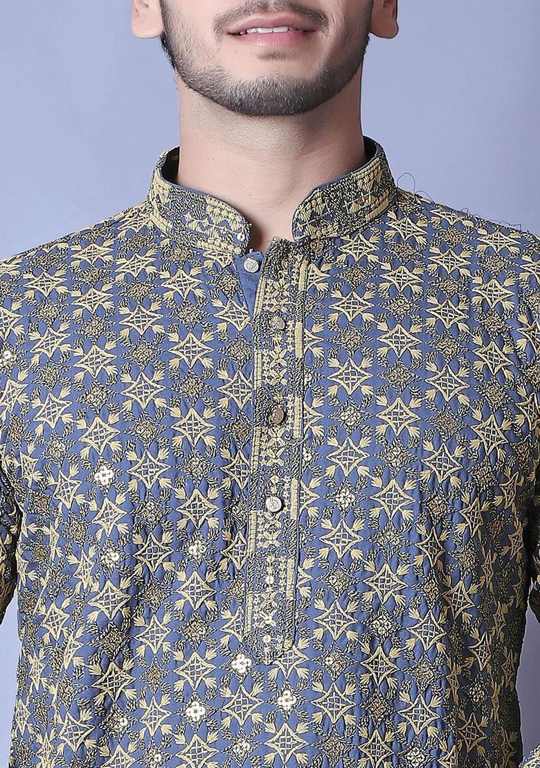 Lavender Printed Cotton Kurta Set For Men - Indya