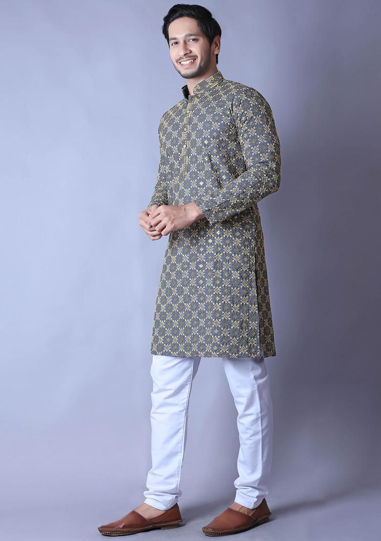 Lavender Printed Cotton Kurta Set For Men - Indya