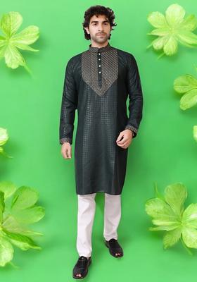 Green Embroidered Silk Kurta Set For Men
