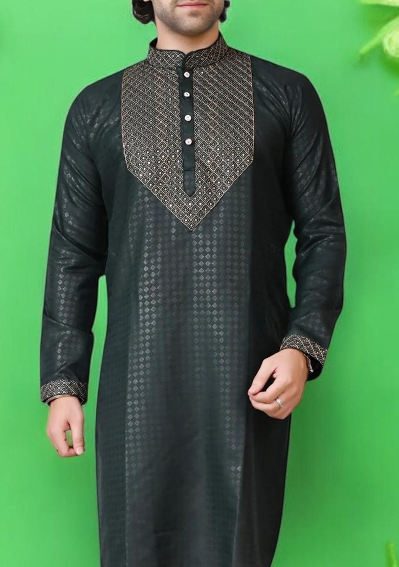 Green Embroidered Silk Kurta Set For Men - Indya