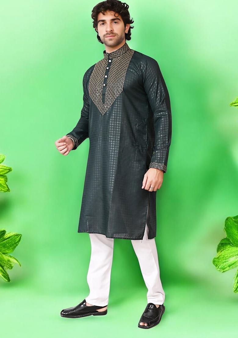 Green Embroidered Silk Kurta Set For Men - Indya