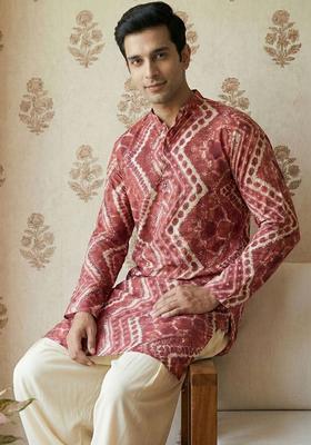 Red Printed Cotton Kurta Set For Men