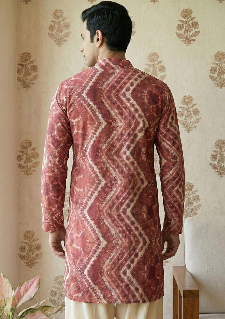 Red Printed Cotton Kurta Set For Men - Indya