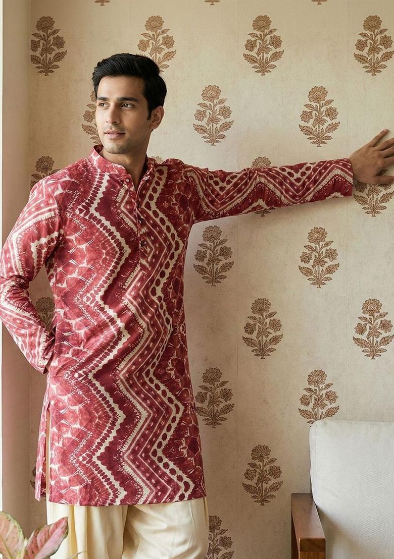Red Printed Cotton Kurta Set For Men - Indya