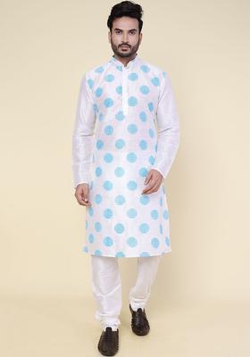 White Printed Silk Kurta Set For Men