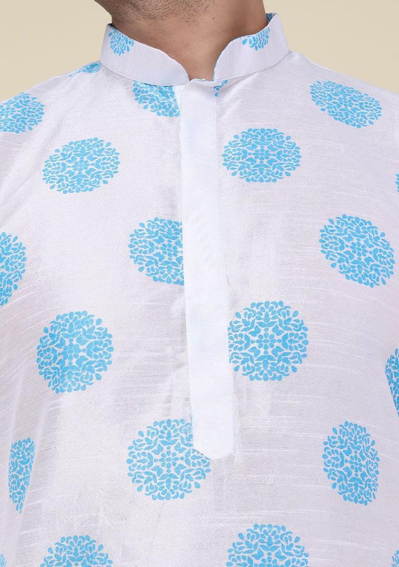 White Printed Silk Kurta Set For Men - Indya