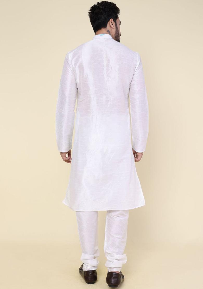 White Printed Silk Kurta Set For Men - Indya