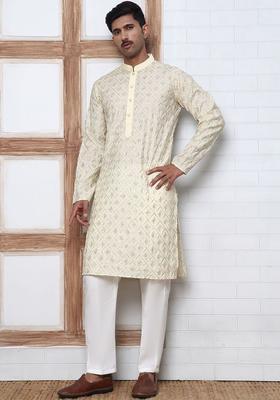 Off White Embroidered Silk Kurta Set For Men