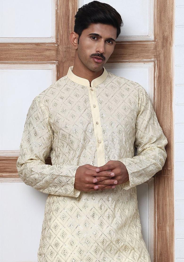 Off White Embroidered Silk Kurta Set For Men - Indya
