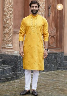 Yellow Embroidered Cotton Kurta Set For Men