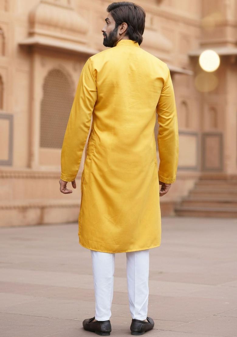 Yellow Embroidered Cotton Kurta Set For Men - Indya