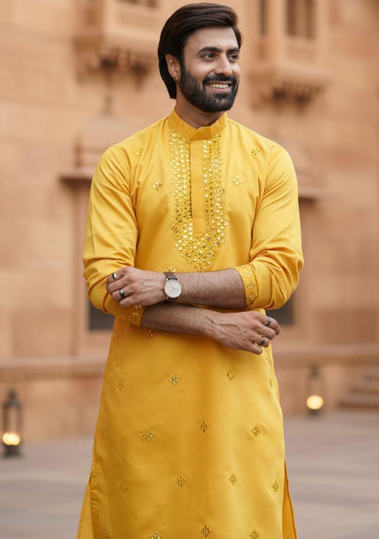 Yellow Embroidered Cotton Kurta Set For Men - Indya
