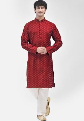 Maroon Striped Cotton Kurta Set For Men