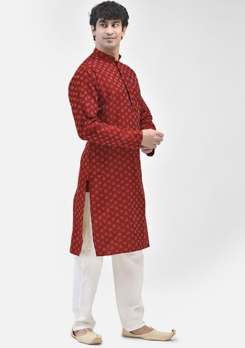 Maroon Striped Cotton Kurta Set For Men - Indya