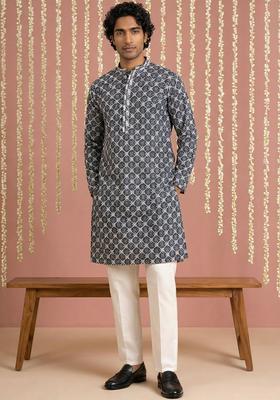 Navy Blue Embroidered Viscose Kurta Set For Men