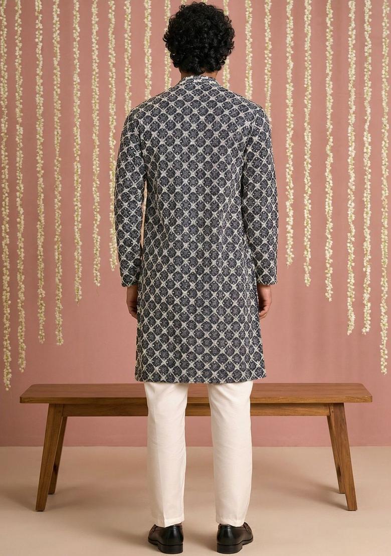 Navy Blue Embroidered Viscose Kurta Set For Men - Indya