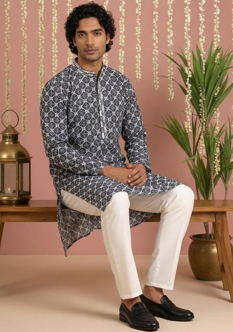 Navy Blue Embroidered Viscose Kurta Set For Men - Indya