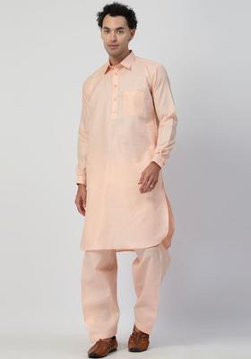 Peach Solid Cotton Kurta Set For Men