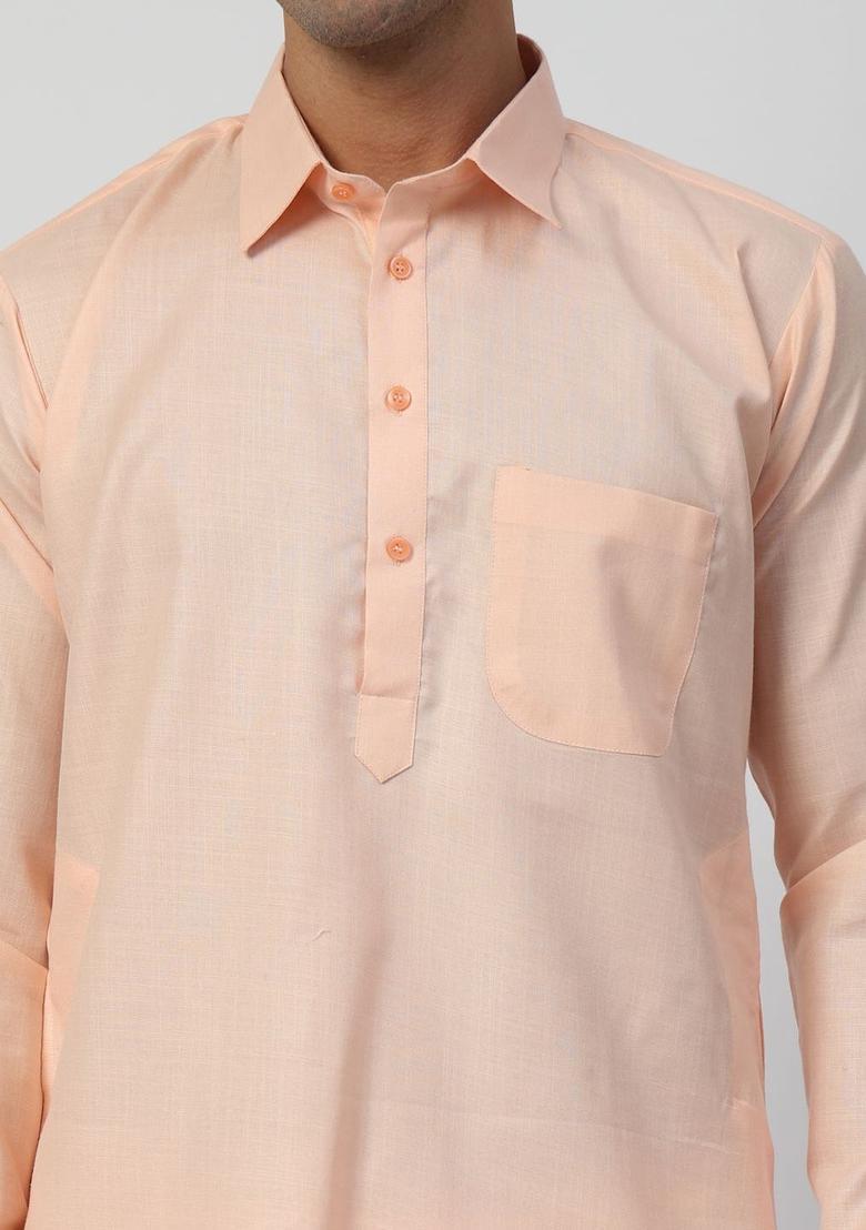Peach Solid Cotton Kurta Set For Men - Indya