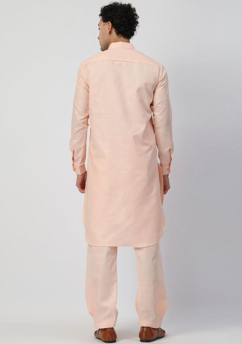 Peach Solid Cotton Kurta Set For Men - Indya