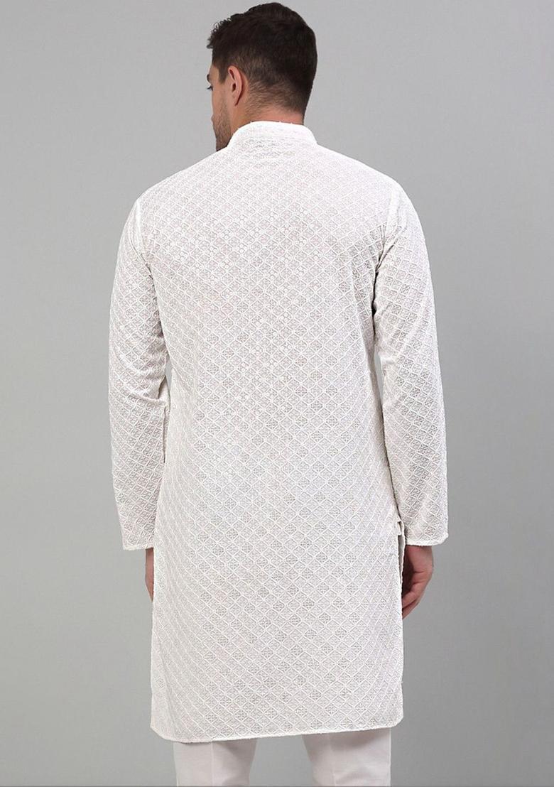 Off White Embroidered Viscose Kurta Set For Men - Indya