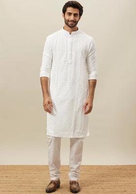 White Embroidered Viscose Kurta Set For Men