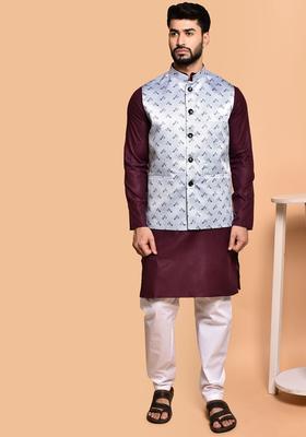 Purple Solid Cotton Kurta Set For Men