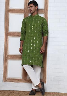 Olive Embroidered Viscose Kurta Set For Men