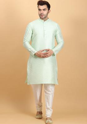 Green Embroidered Silk Kurta Set For Men