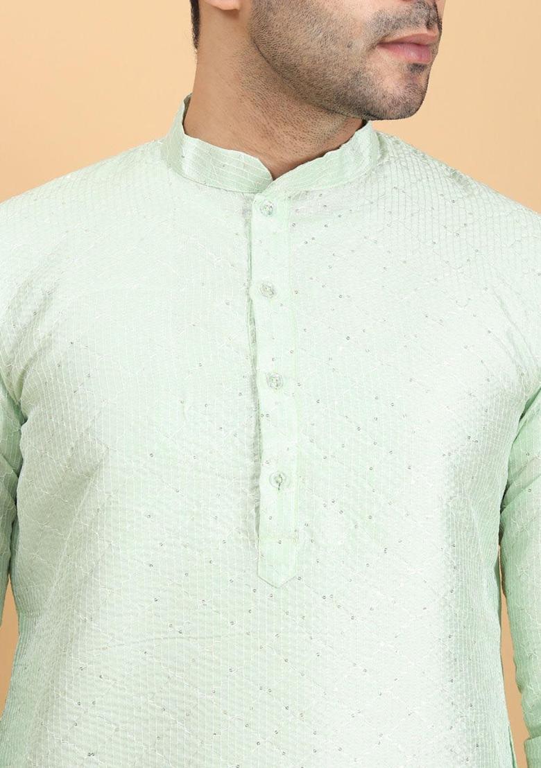 Green Embroidered Silk Kurta Set For Men - Indya