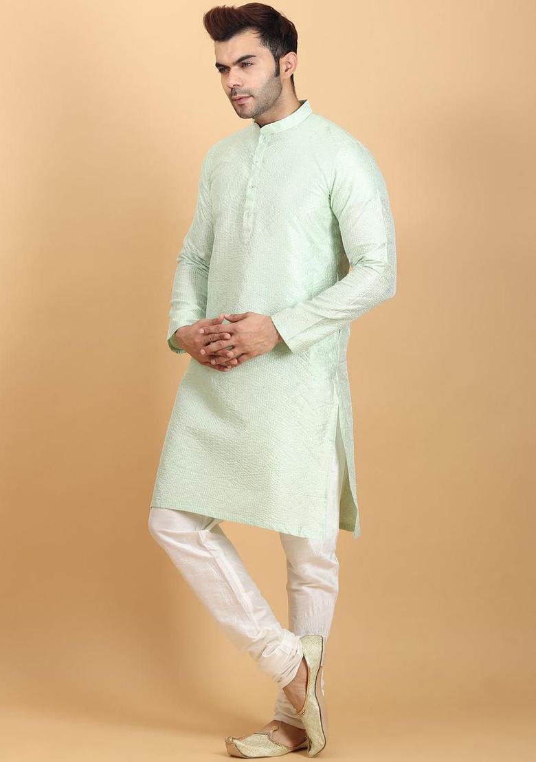 Green Embroidered Silk Kurta Set For Men - Indya