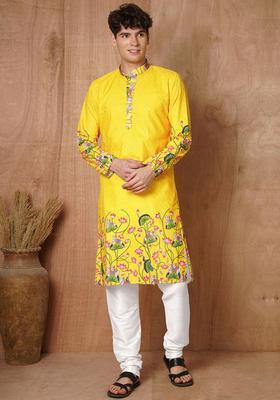 Yellow Embroidered Cotton Kurta Set For Men