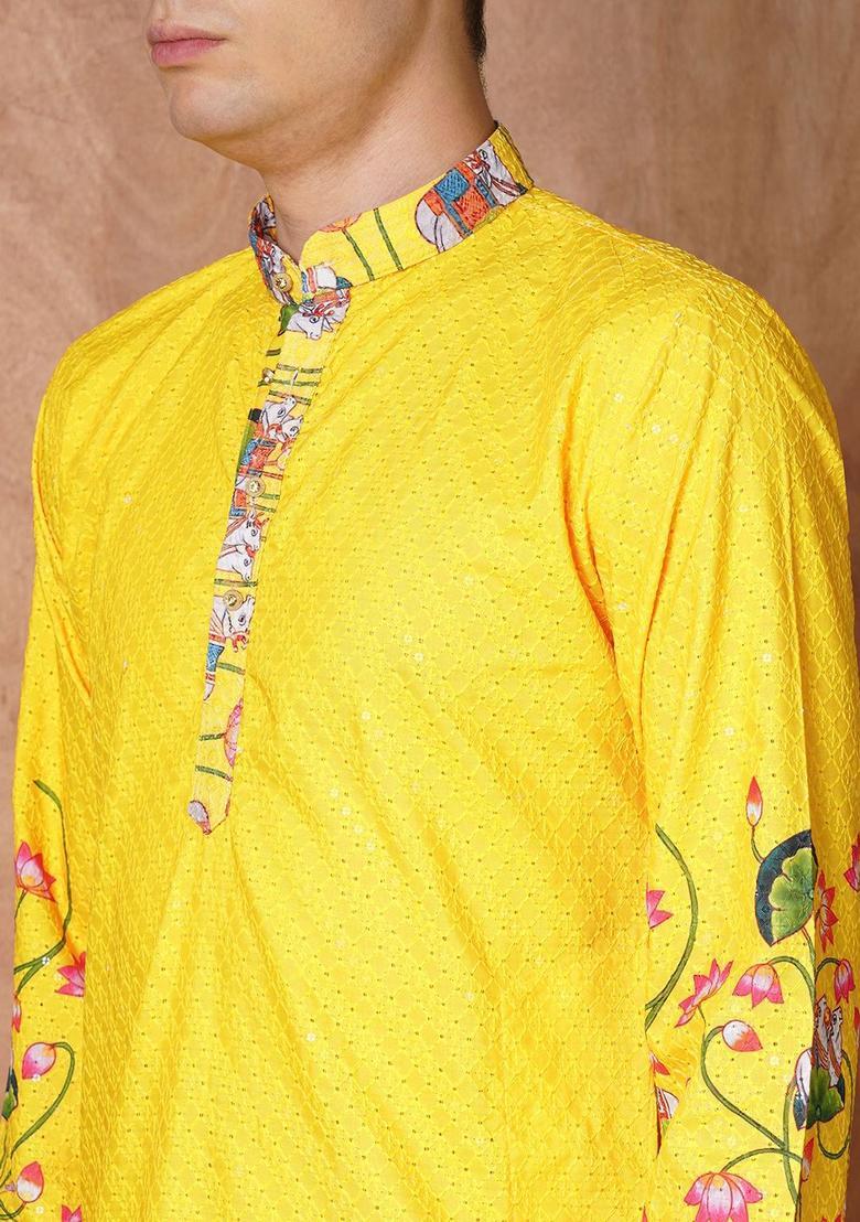 Yellow Embroidered Cotton Kurta Set For Men - Indya