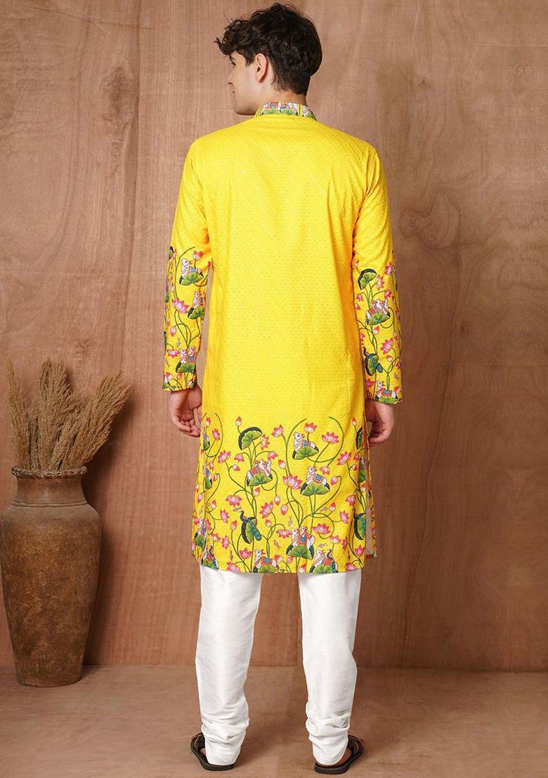 Yellow Embroidered Cotton Kurta Set For Men - Indya