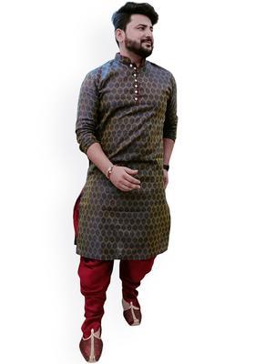 Navy Blue Woven Design Cotton Kurta Set For Men