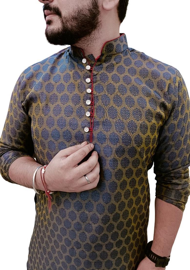 Navy Blue Woven Design Cotton Kurta Set For Men - Indya