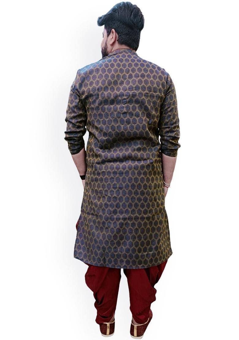 Navy Blue Woven Design Cotton Kurta Set For Men - Indya