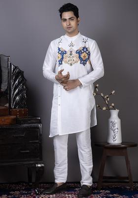White Printed Silk Kurta Set For Men