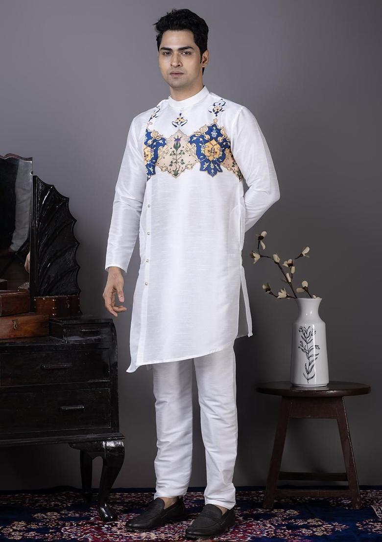 White Printed Silk Kurta Set For Men - Indya